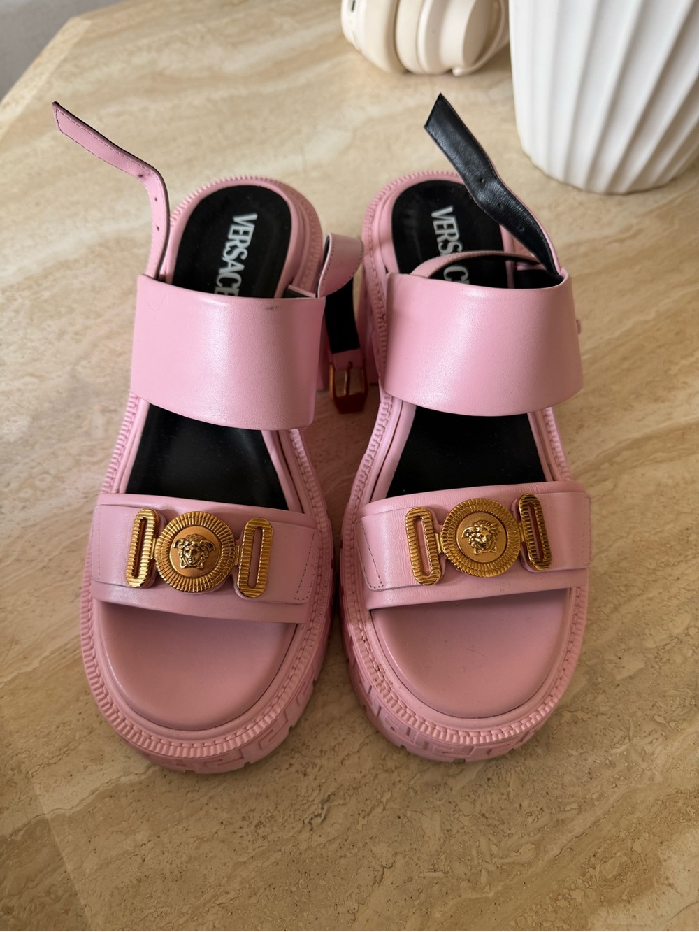 Versace Pink Leather Platform Sandals with Gold Medusa Accents